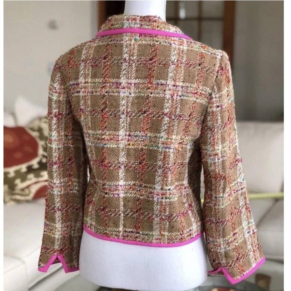 Kate Spade New York Brown Pink Plaid Tweed Silk Blend Cropped Jacket Size 4